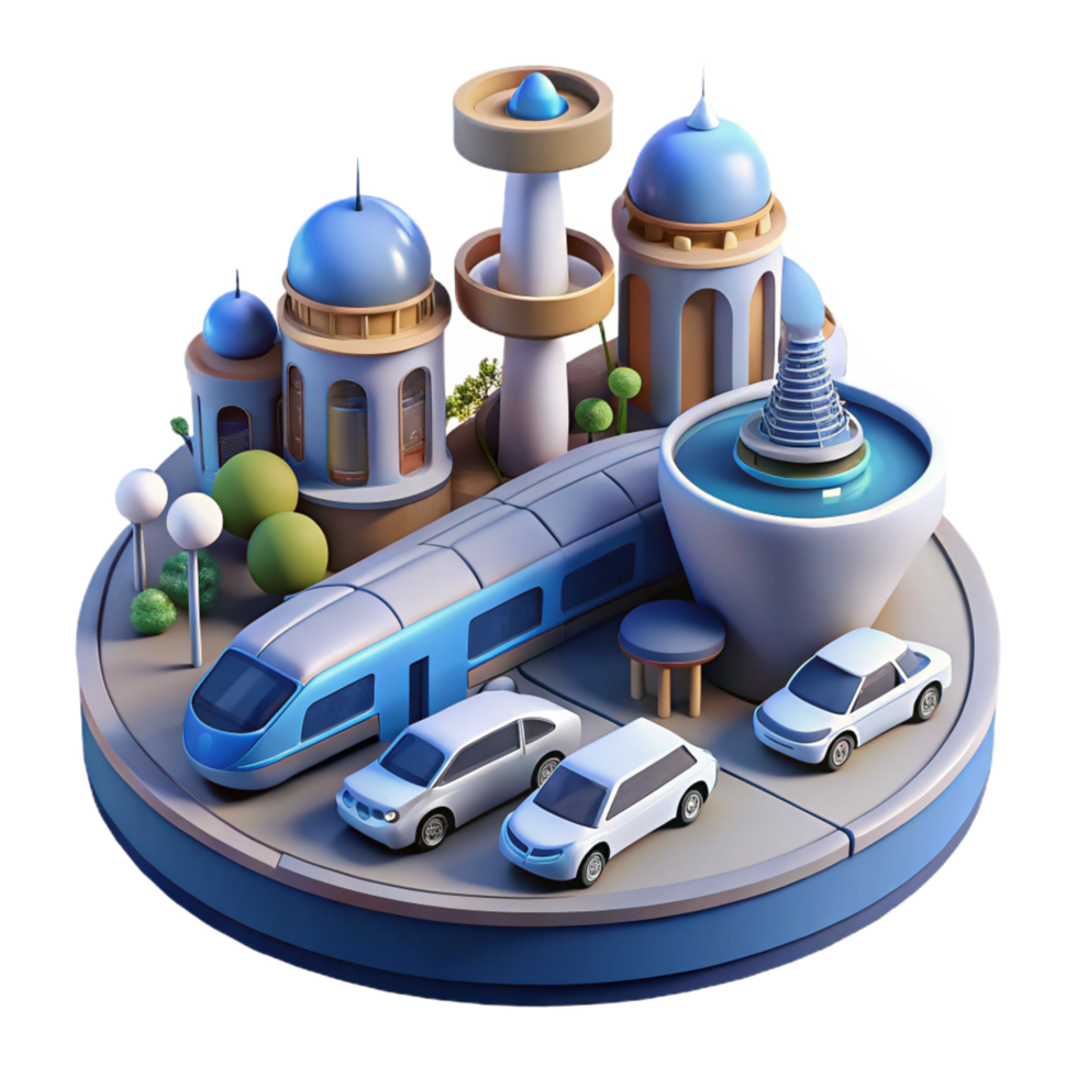 3D Cityscape Illustration Train, Cars, and Buildings png