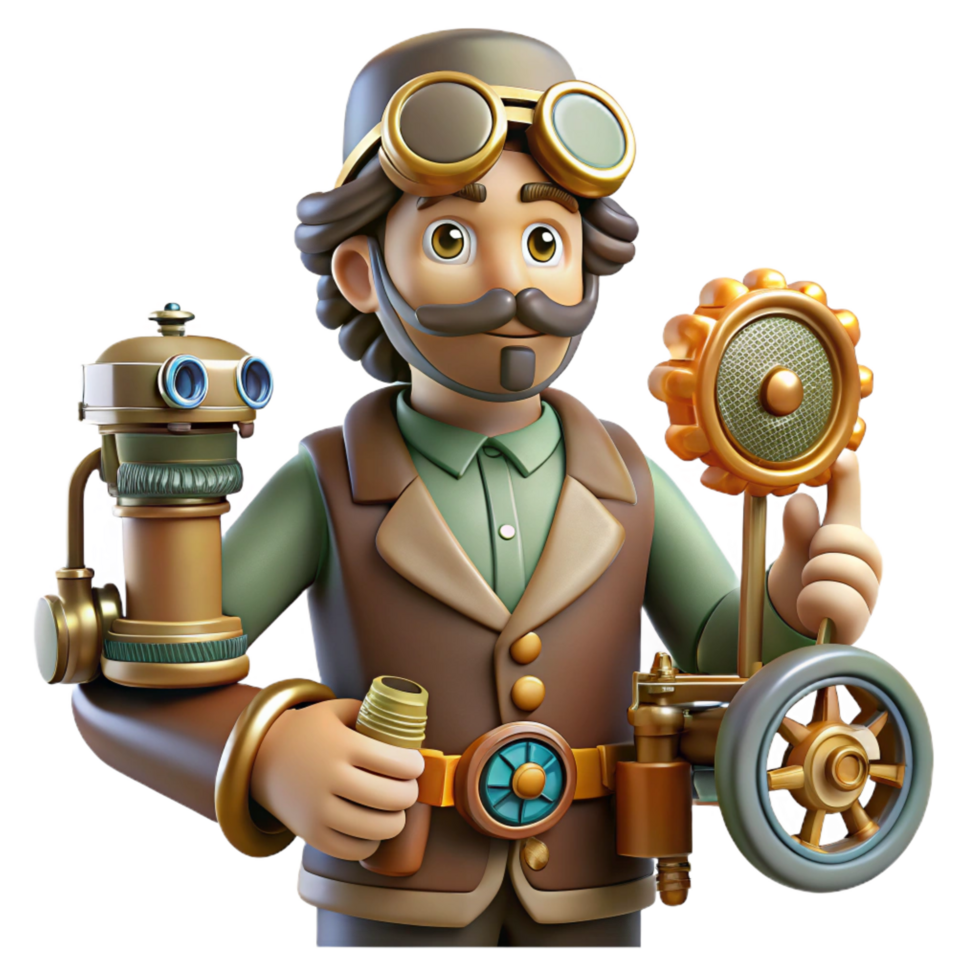 dramatic rustic Steampunk Inventor 3D Illustration detailed png