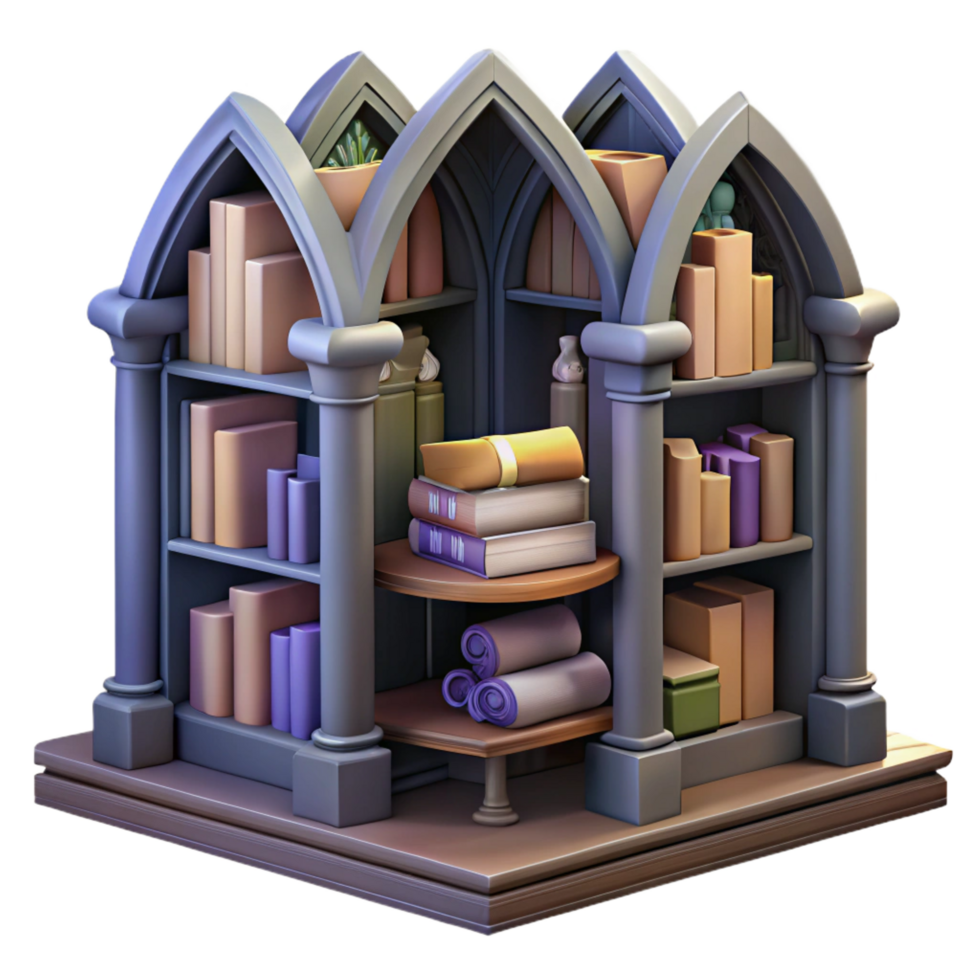 serene rustic Gothic Bookcase 3D Illustration premium png