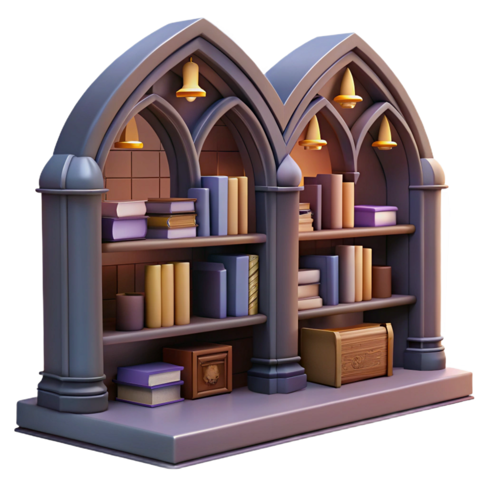serene modern Gothic Bookcase 3D Render exclusive png