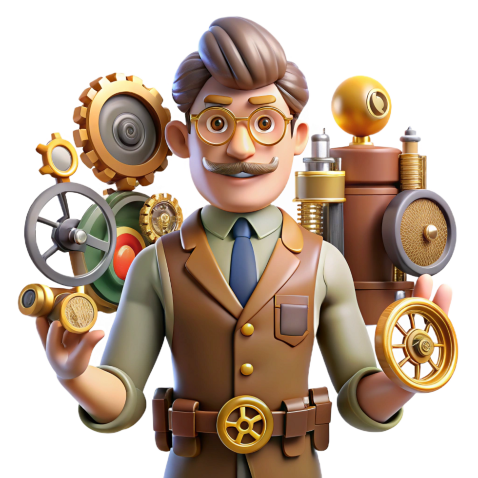 impressive modern 3D Cartoon Inventor with Gear original png