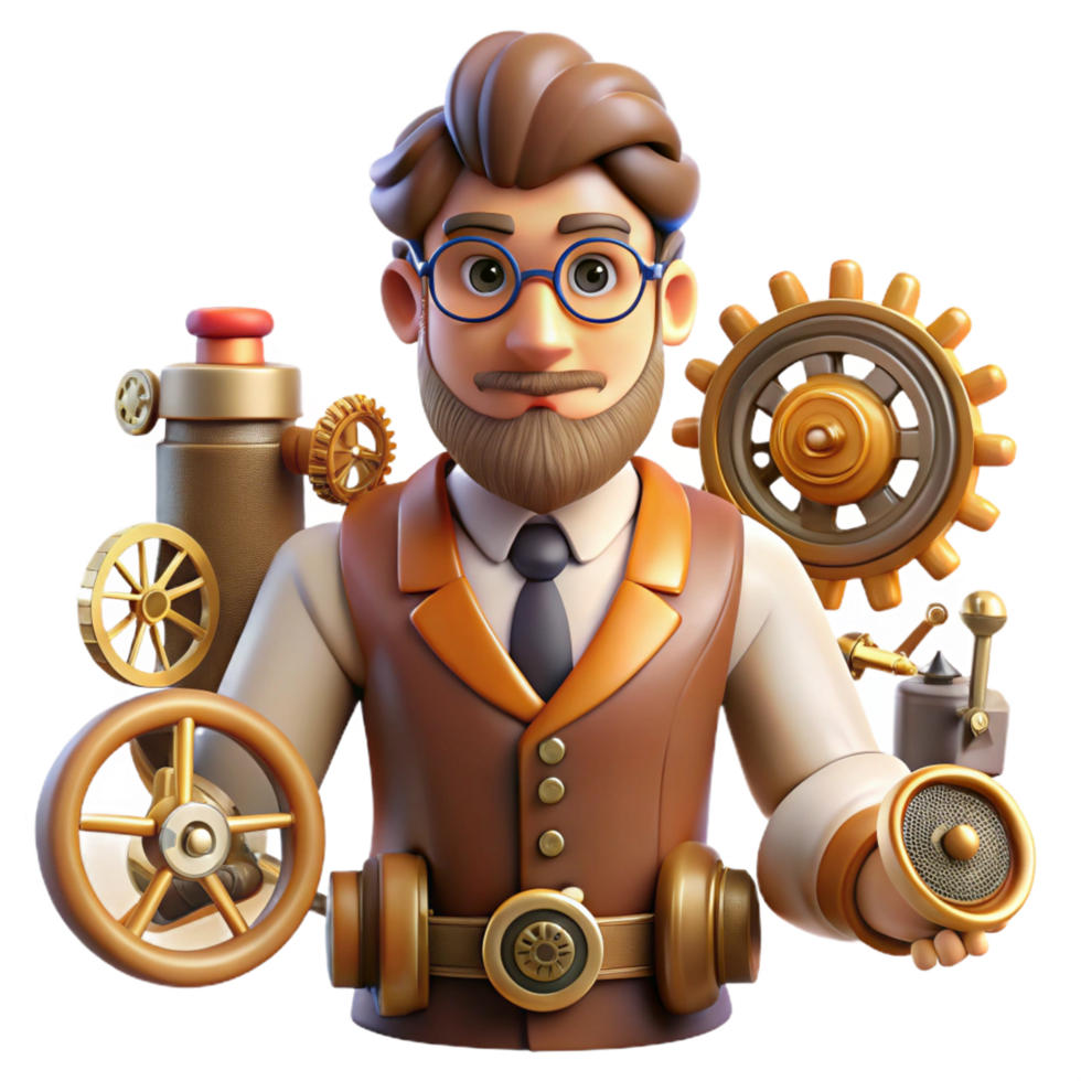 vibrant artistic Steampunk Inventor 3D Illustration 4K png