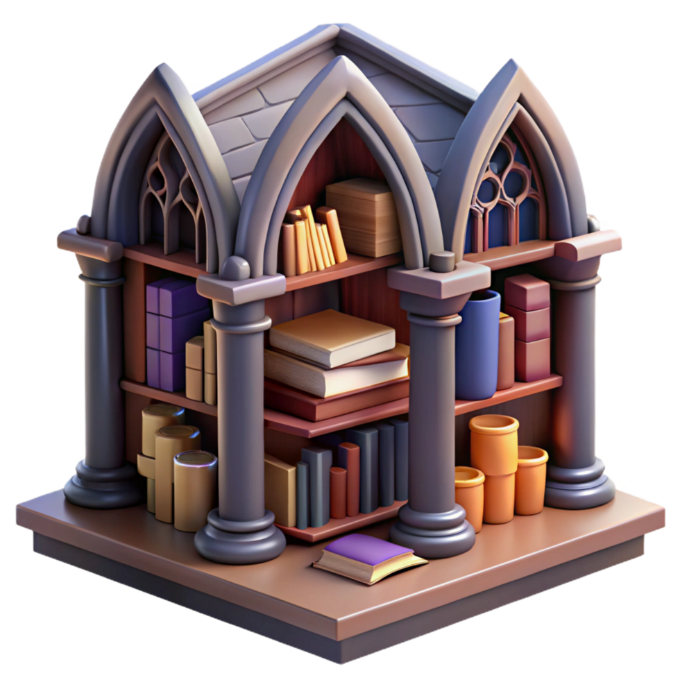 serene classic Gothic Bookcase 3D Render detailed png