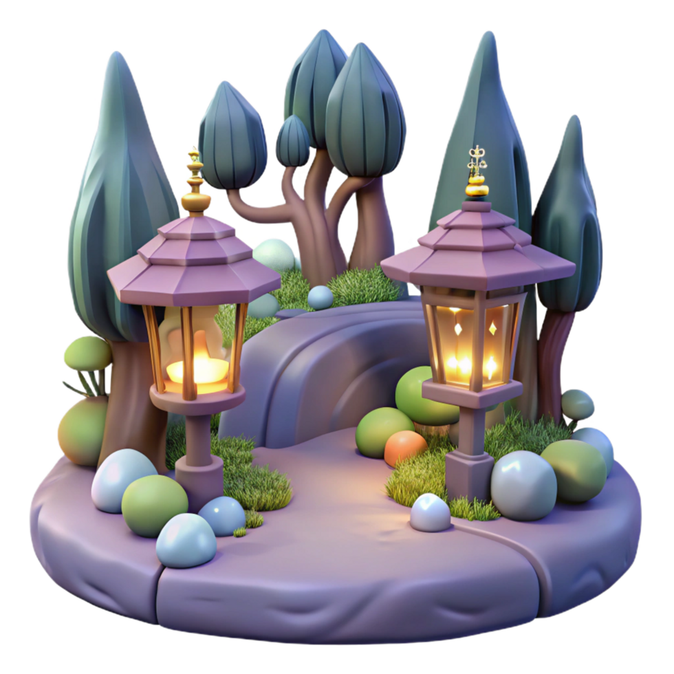 wonderful rustic Enchanted 3D Night Scene with Lanterns high resolution png