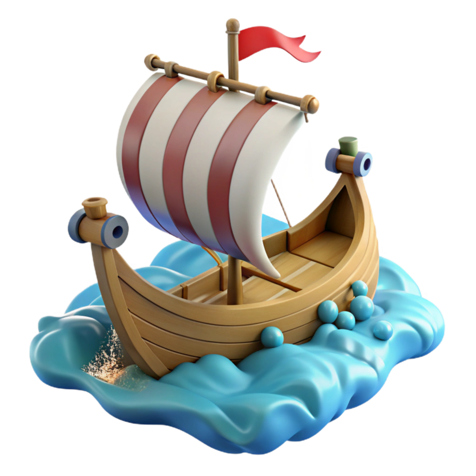 beautiful classic Cartoon Wooden Sailboat 3D Render 4K png
