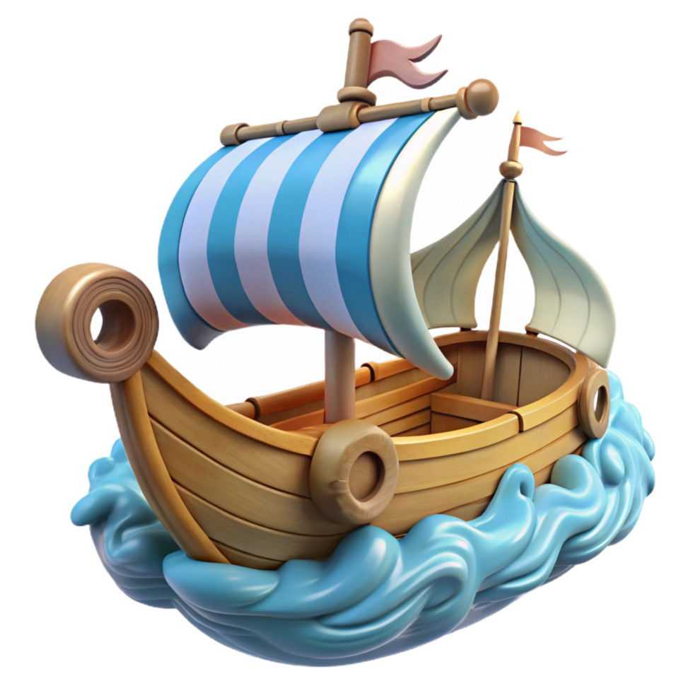 wonderful artistic Cartoon Wooden Sailboat 3D Render high quality png