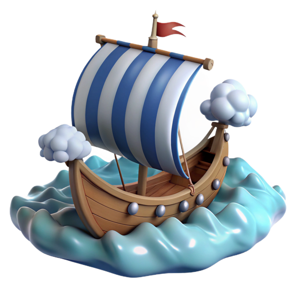 serene modern 3D Cartoon Ship Sailing on Stylized Waves authentic png