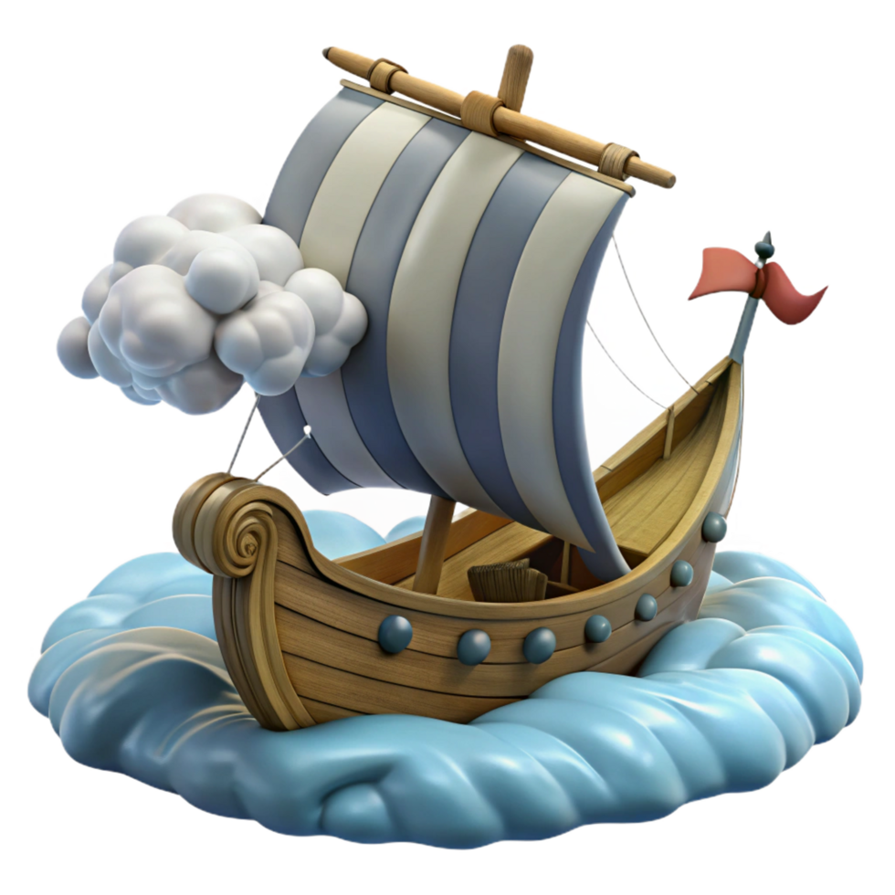 vibrant classic Cartoon Wooden Sailboat 3D Render high resolution png