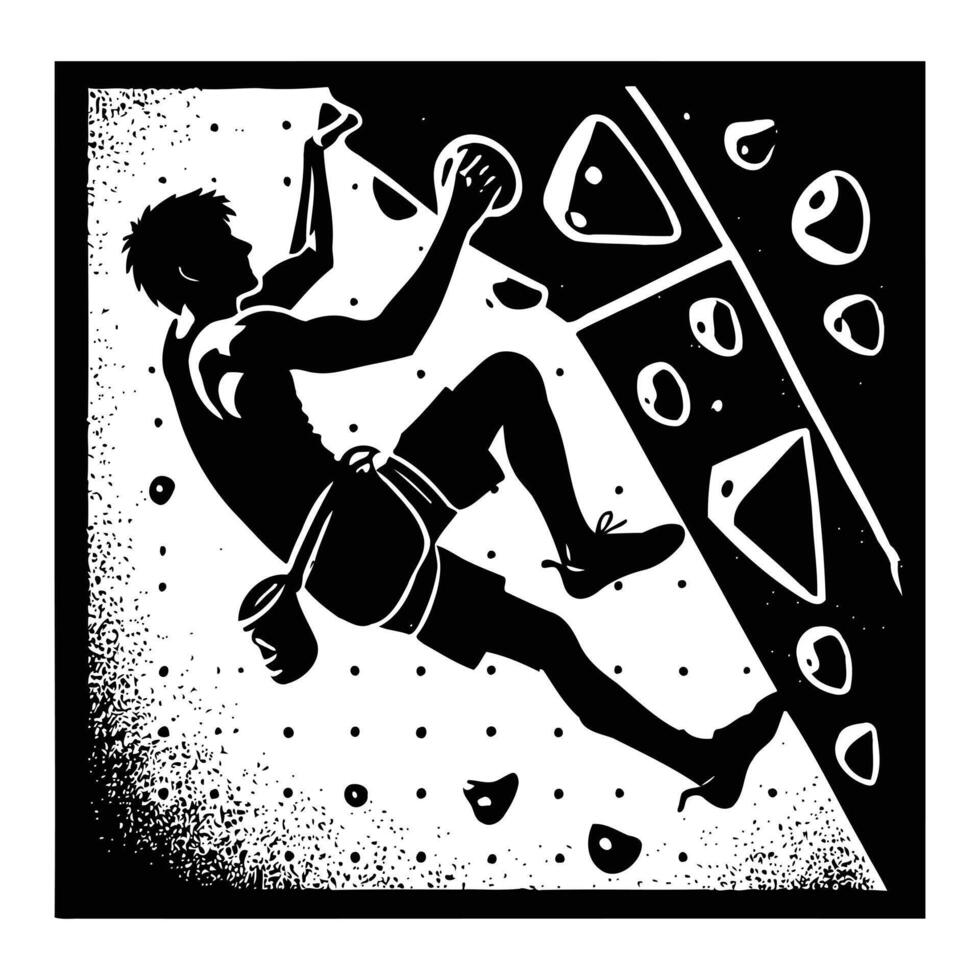 A black and white illustration of a man climbing on a rock wall vector