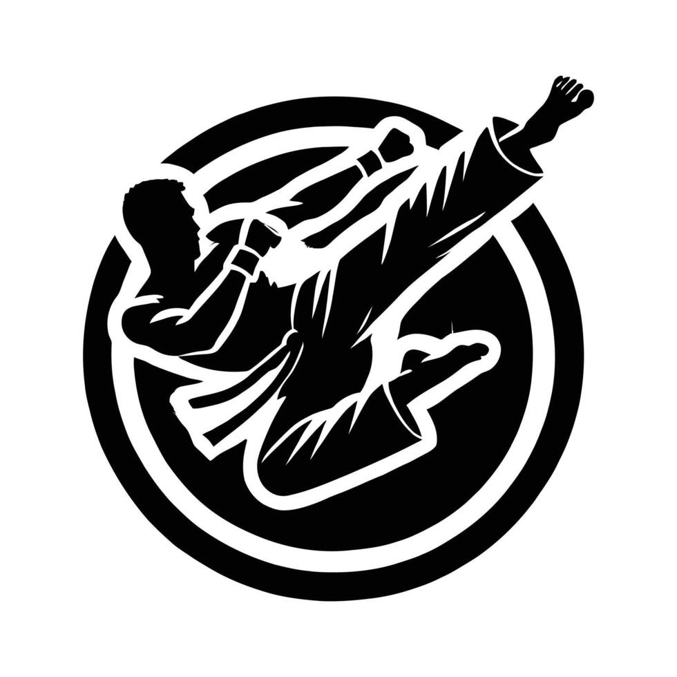 A black and white logo of a man doing a kick vector