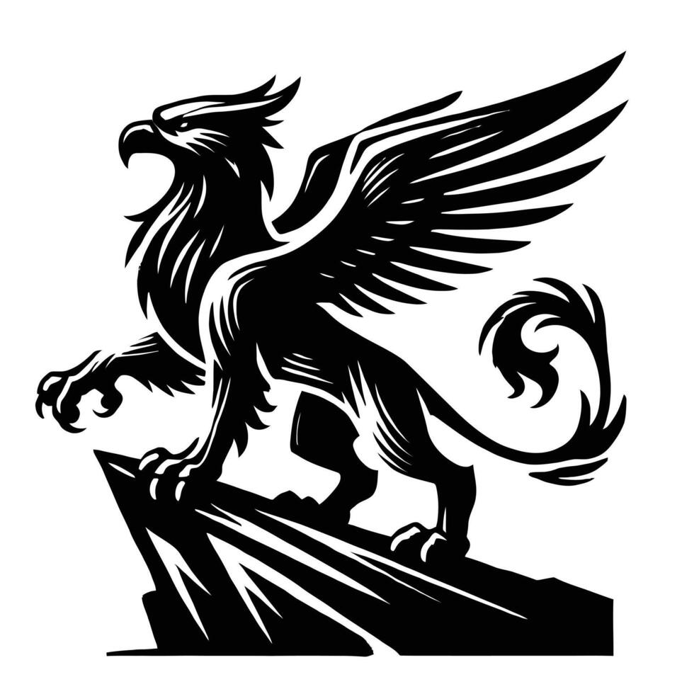 A black and white illustration of a phoenix vector