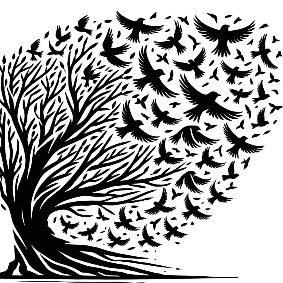 A black and white illustration of a tree with birds vector