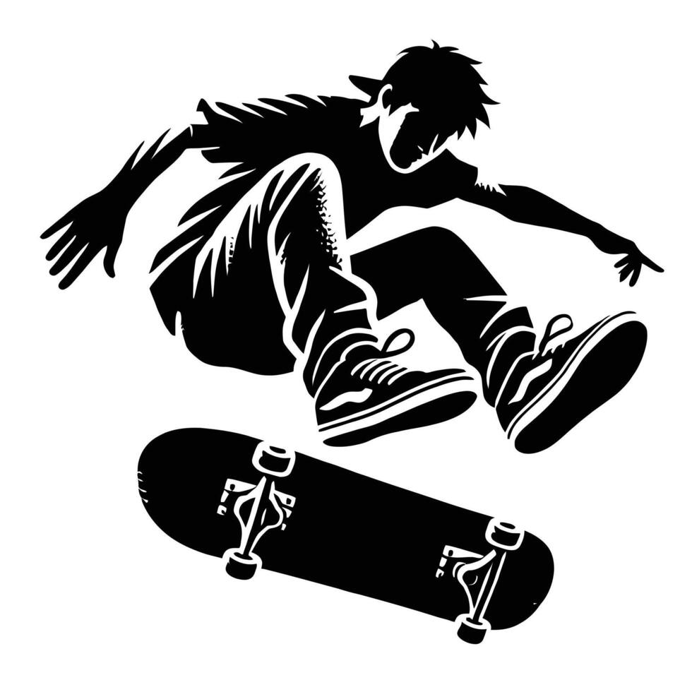 A silhouette of a skateboarder doing a trick vector
