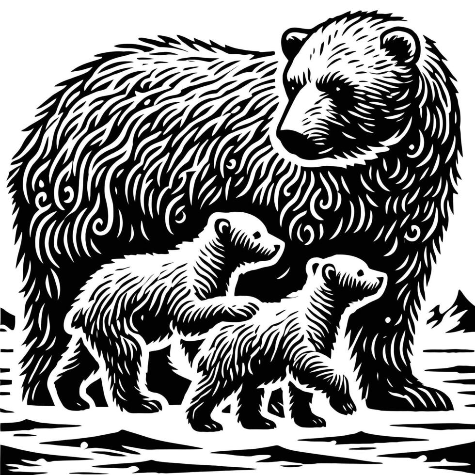 A black and white bear and cubs on a white background vector