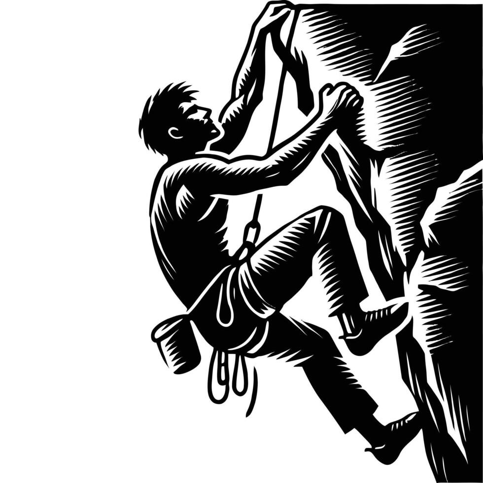 A black and white illustration of a man climbing on a rock vector