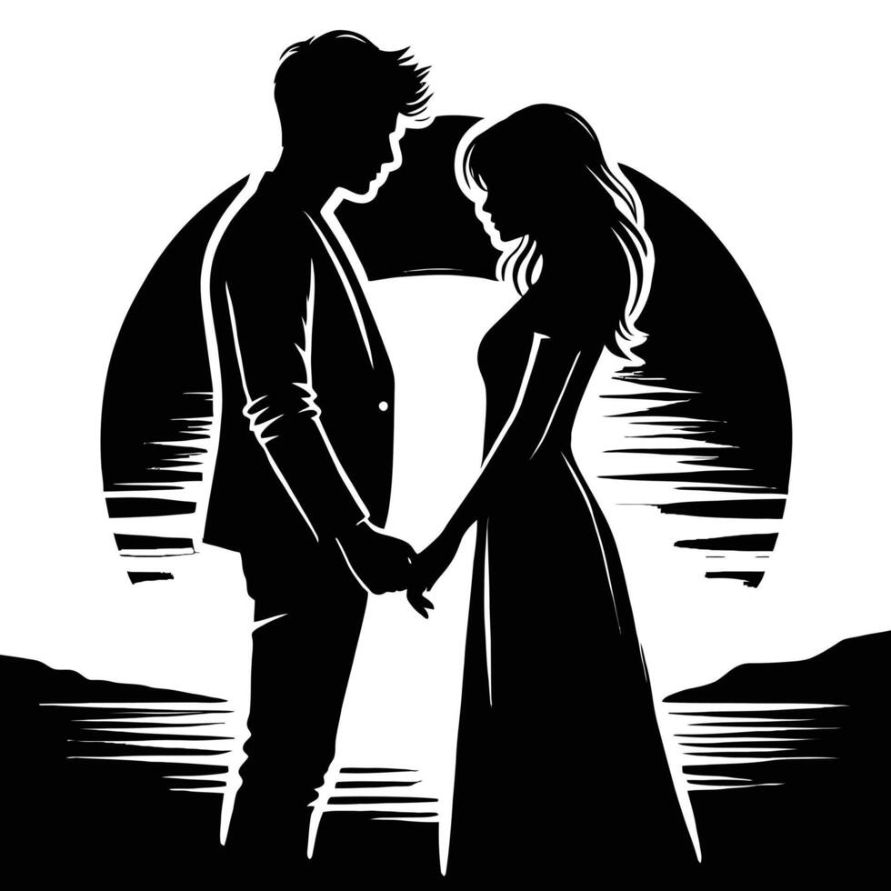 Silhouette of a couple holding hands in front of a sunset vector