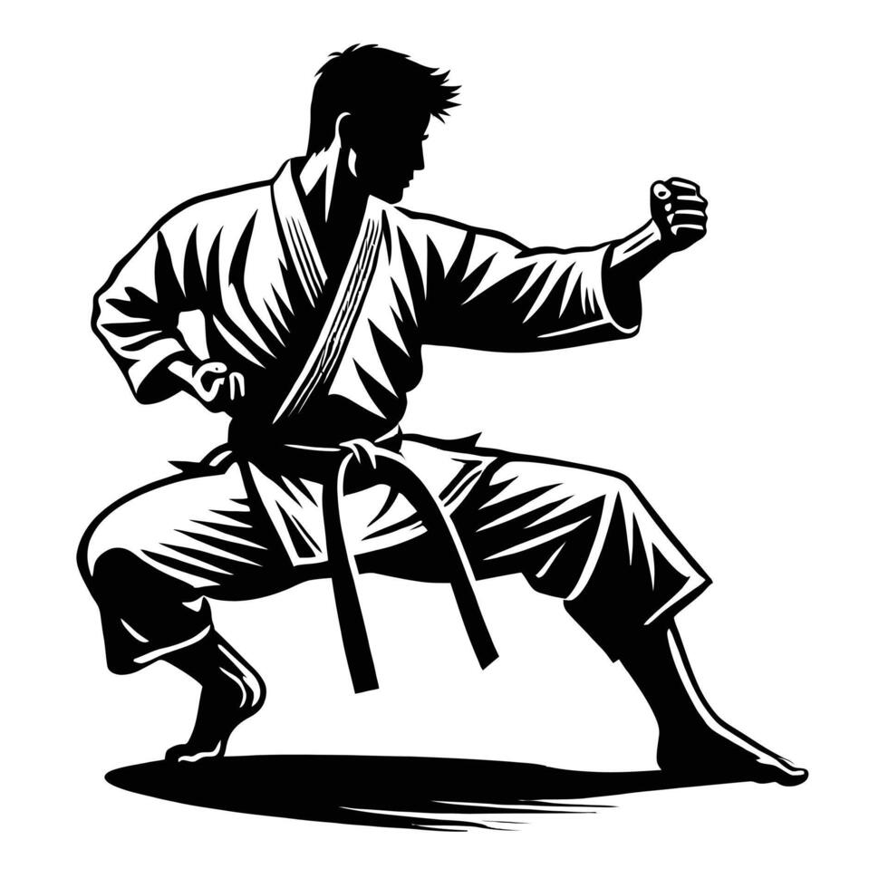 Karate man in black and white silhouette vector