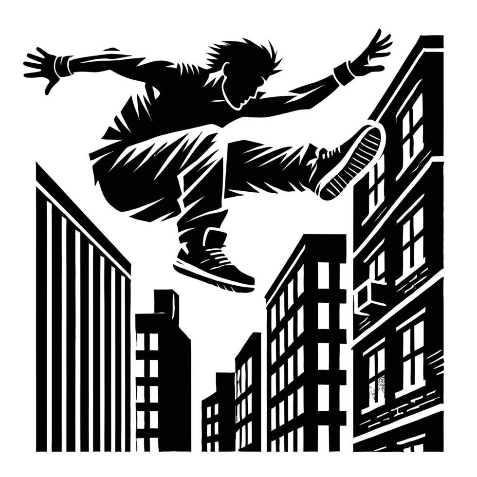 A silhouette of a man jumping over a building vector