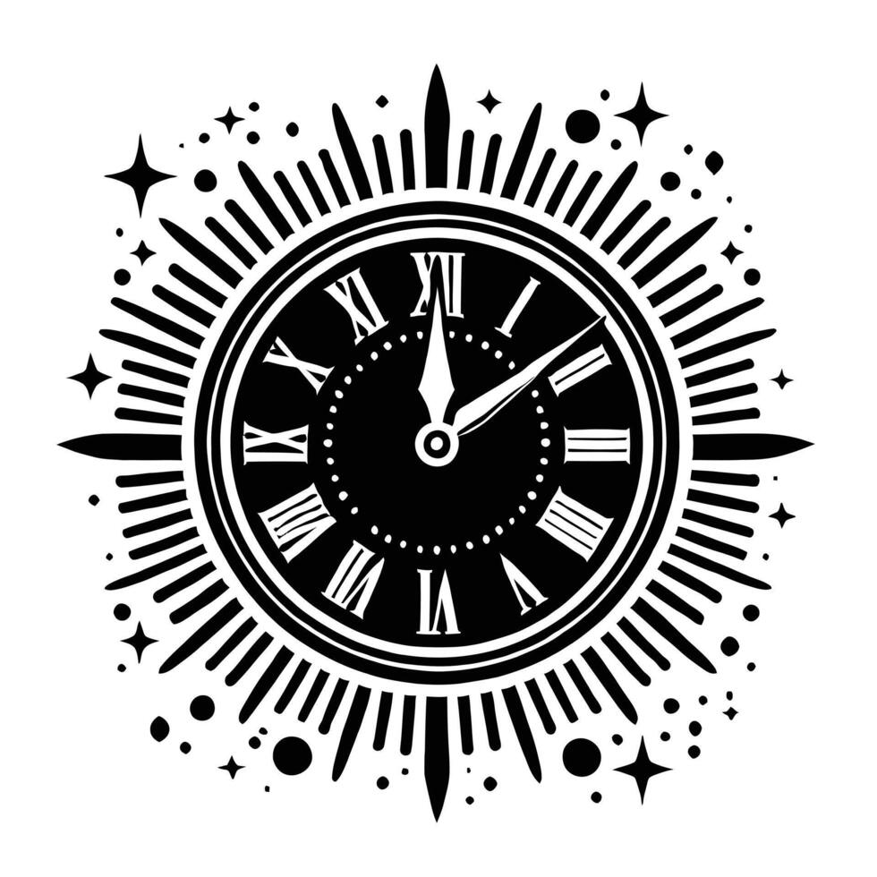 A black and white clock with stars and rays vector