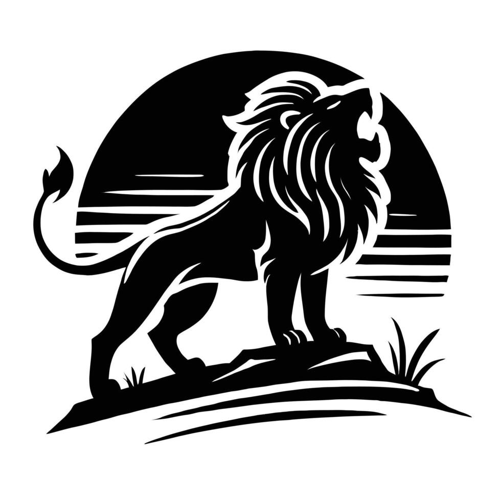 Lion silhouette on a hill with grass and sun vector