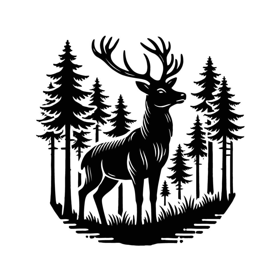 A deer in the forest with trees and pine trees vector