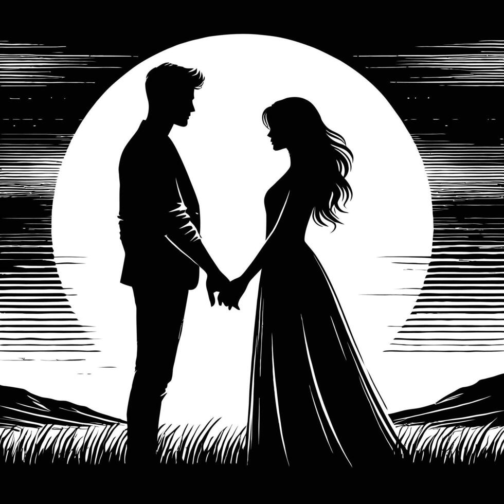 A black and white illustration of a couple holding hands vector