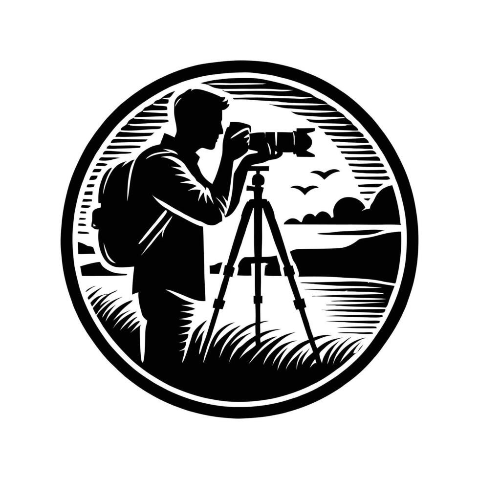 A man with a camera and tripod in a circle vector