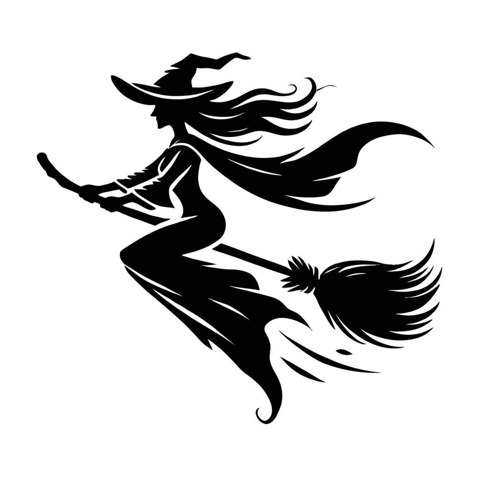 A black and white silhouette of a witch flying on a broom vector