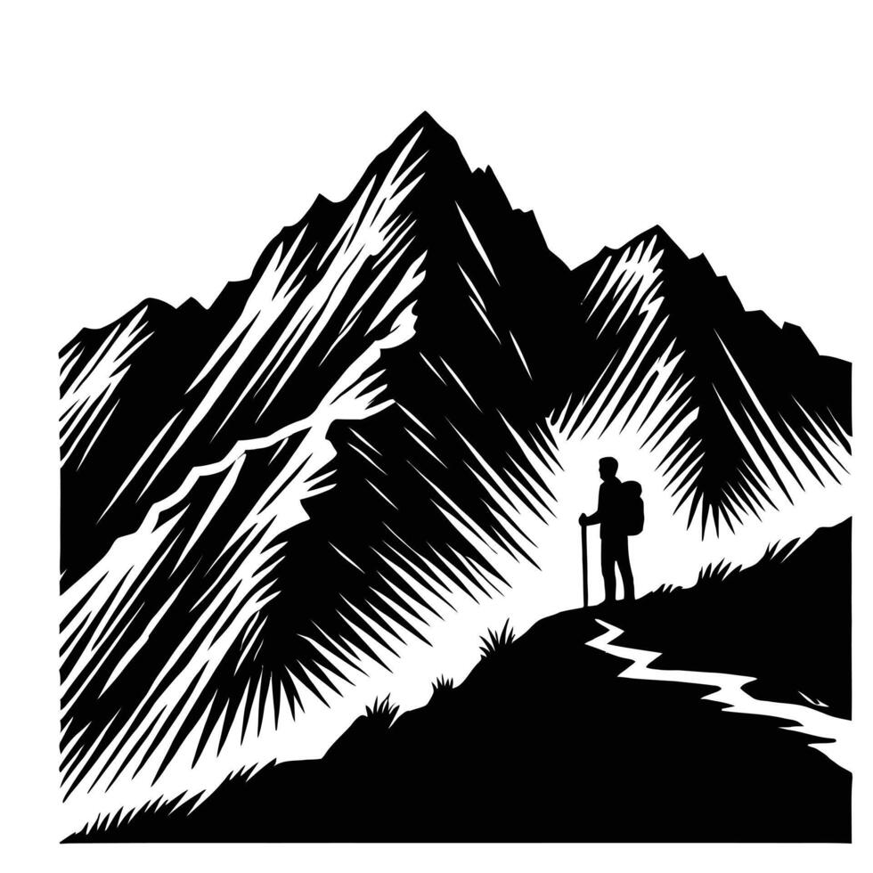 A silhouette of a man hiking in the mountains vector