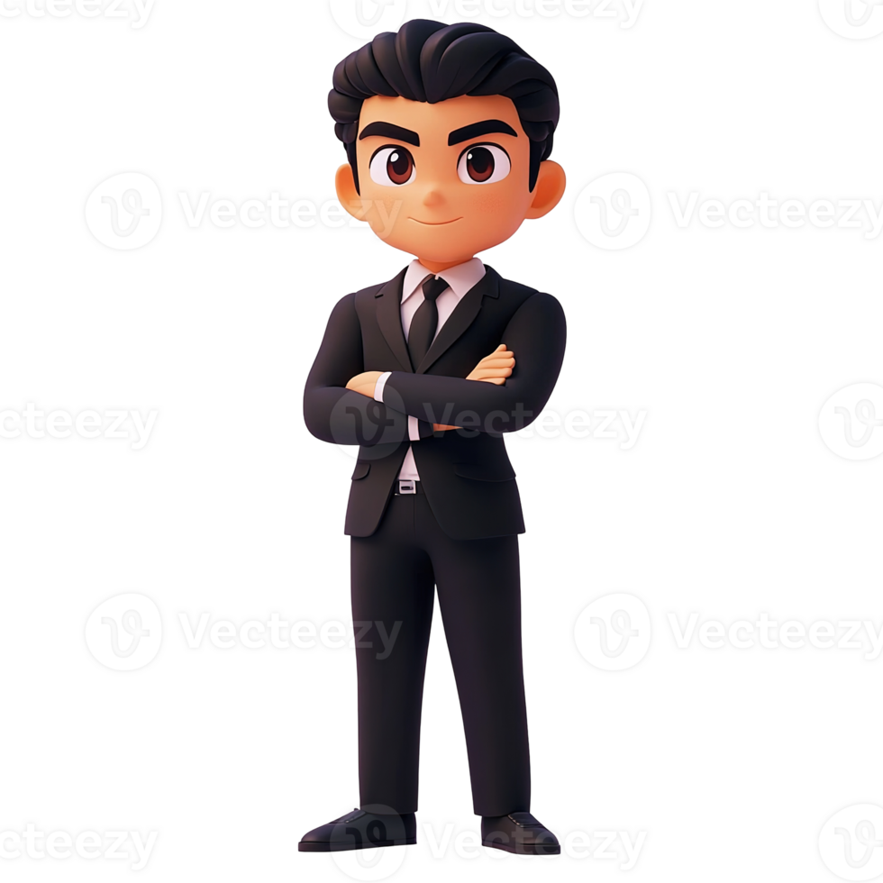 A Cartoon Businessman Stands Confidently Arms Crossed Isolated on Transparent Background png