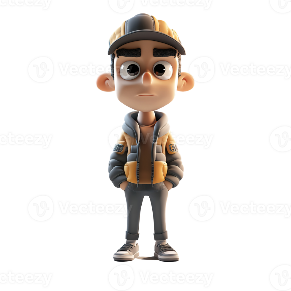 A Sad Cartoon Boy Wearing A Cap And Jacket Isolated on Transparent Background png