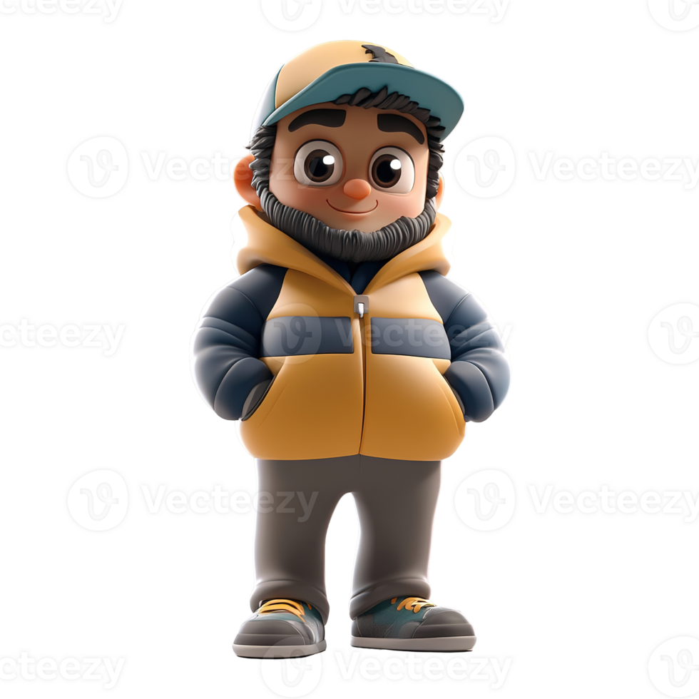 A happy cartoon man wearing a yellow jacket and cap, Isolated on Transparent Background png