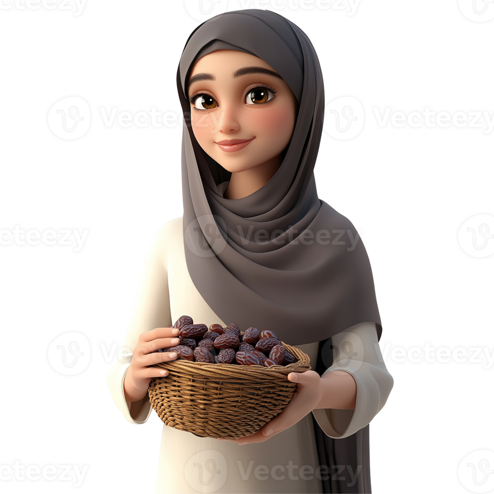 A young woman in hijab holds a basket of dates, Isolated on Transparent Background png