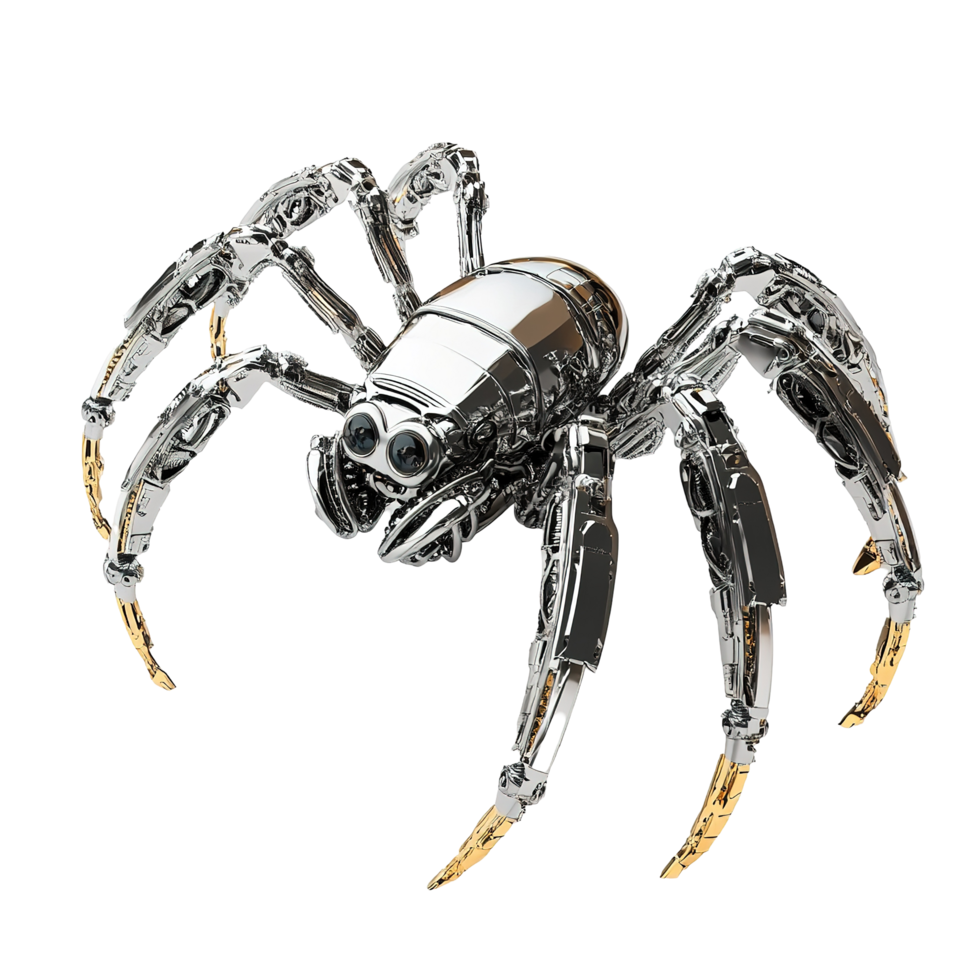 A chrome robotic spider with gold accents displays intricate detail, Isolated on Transparent Background png