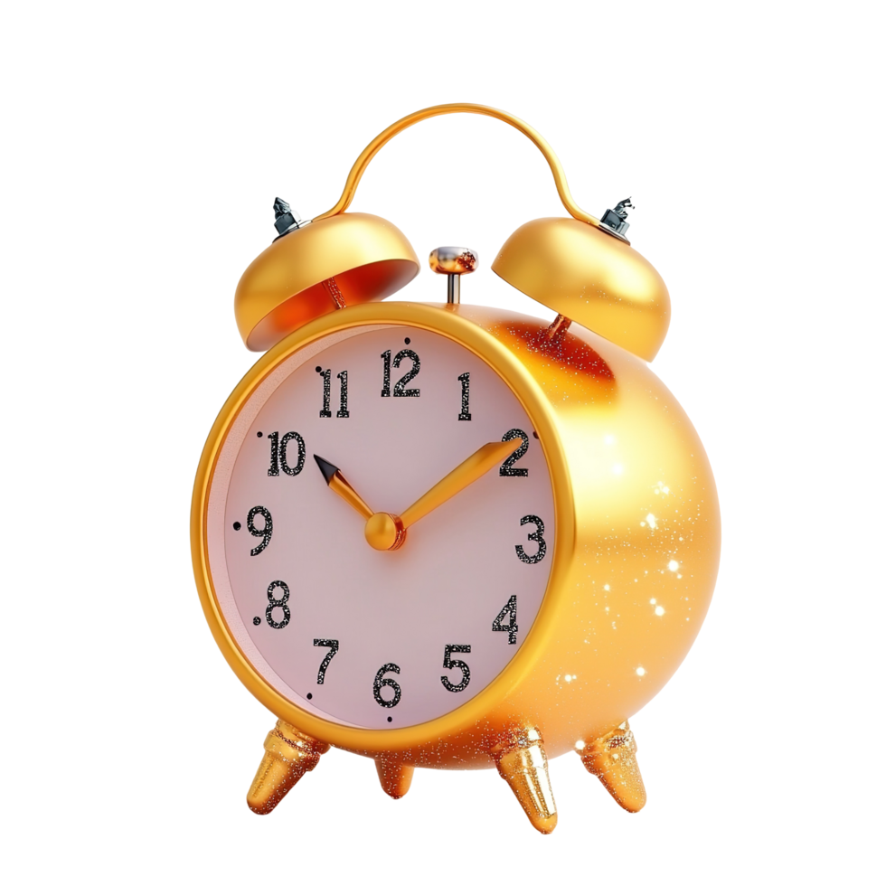 A Golden Glitter Alarm Clock Shows The Time Isolated on Transparent Background png