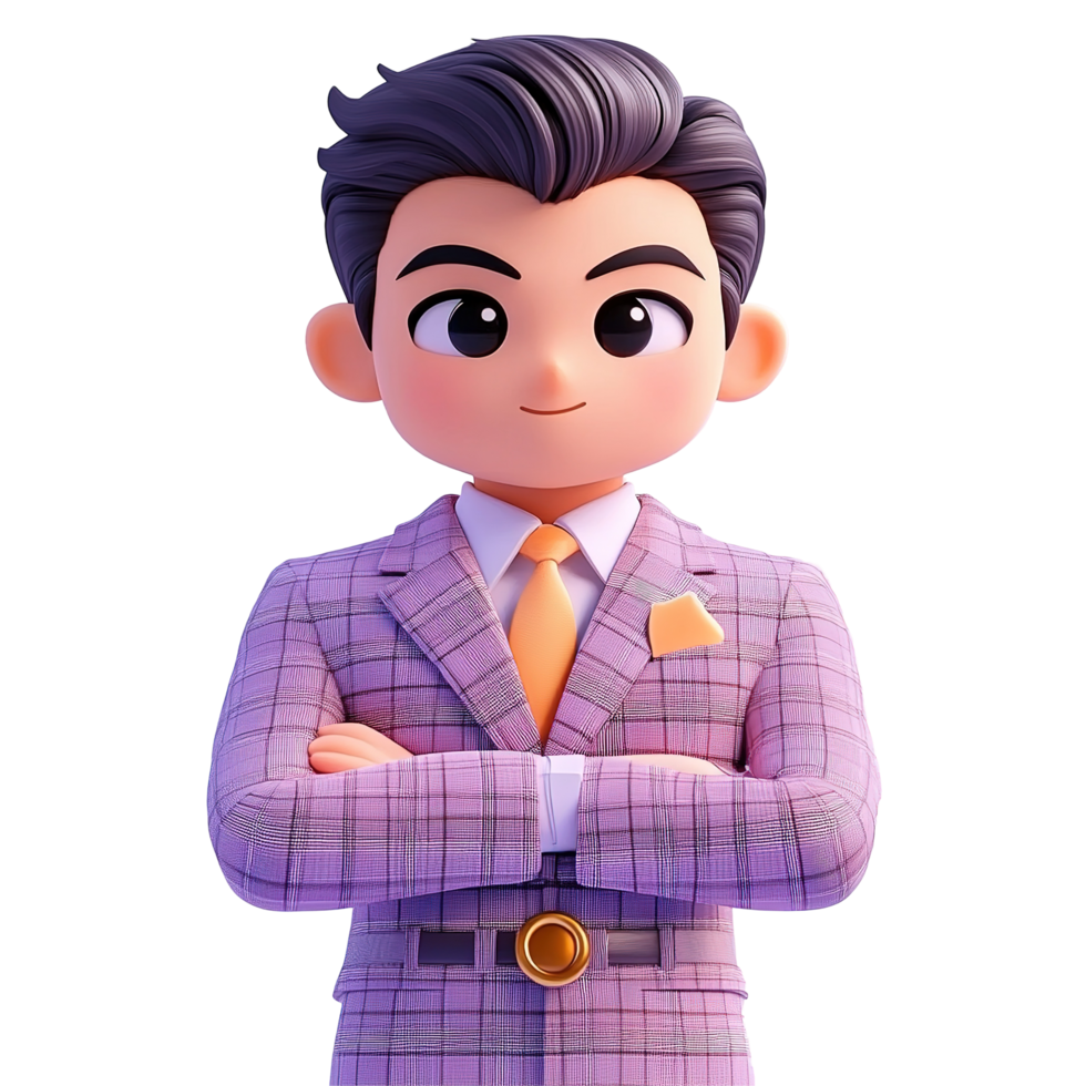A stylized 3D model of a young man in a purple suit, Isolated on Transparent Background png