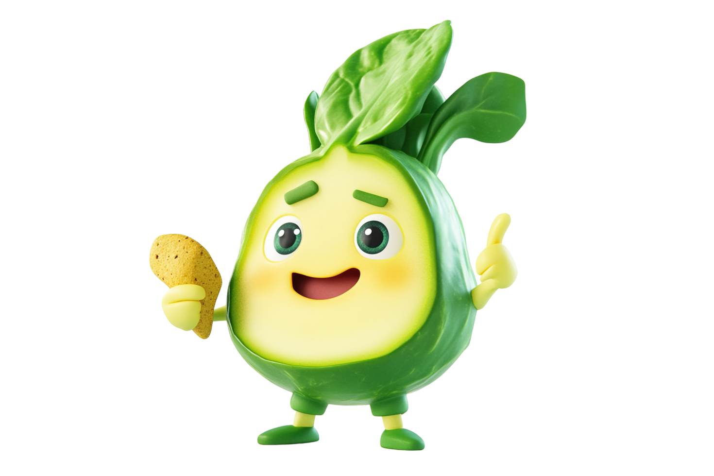 A cheerful cartoon bok choy character holds a cracker, Isolated on Transparent Background png