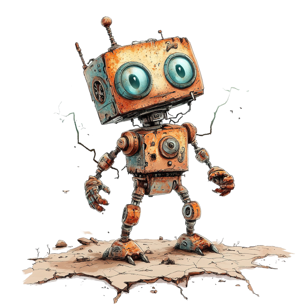 Rusty Robot Stands on Cracked Ground Isolated on Transparent Background png