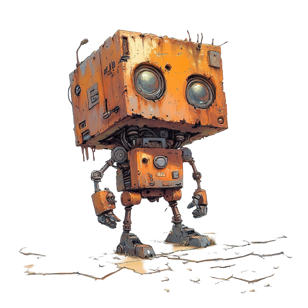 Rusty Cube Robot Standing in Mud Isolated on Transparent Background png