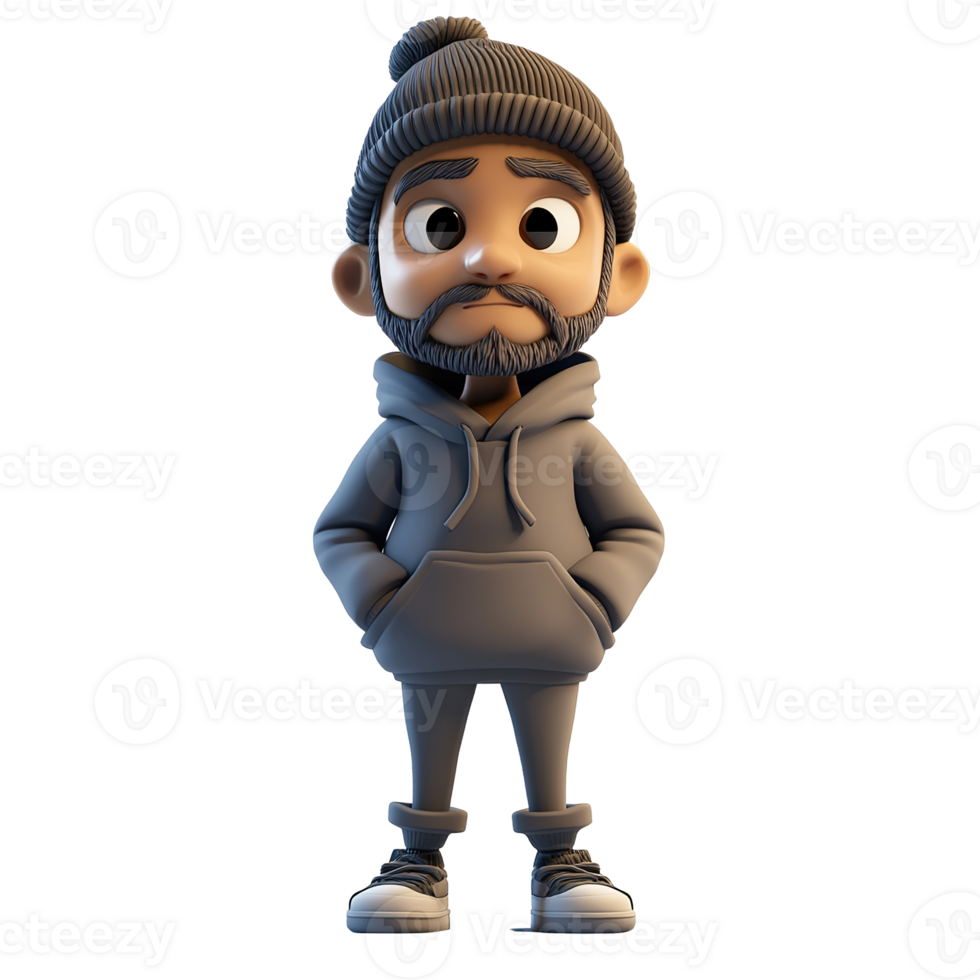 A pensive cartoon man wearing a hoodie and beanie png