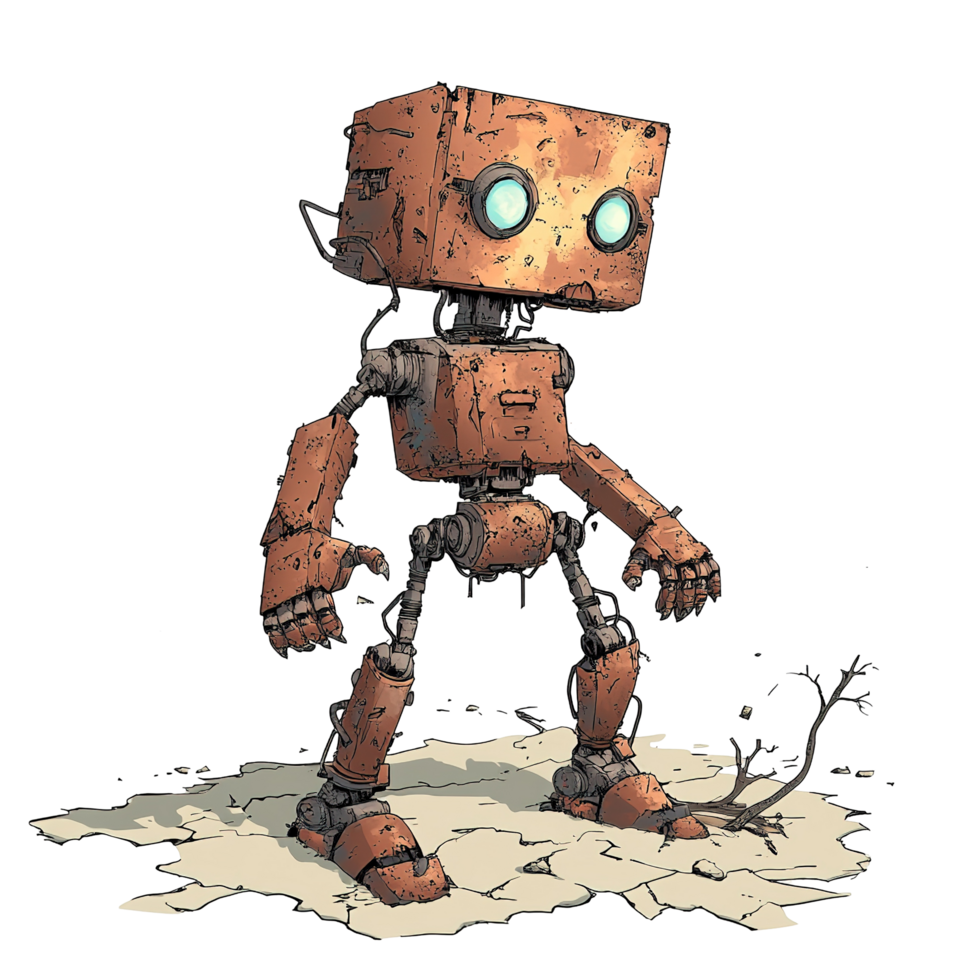 Rusty Robot Stands on Cracked Ground Near a Dead Branch Isolated on Transparent Background png