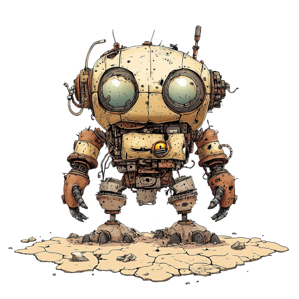 Weathered Robot Stands on Cracked Desert Ground Isolated on Transparent Background png