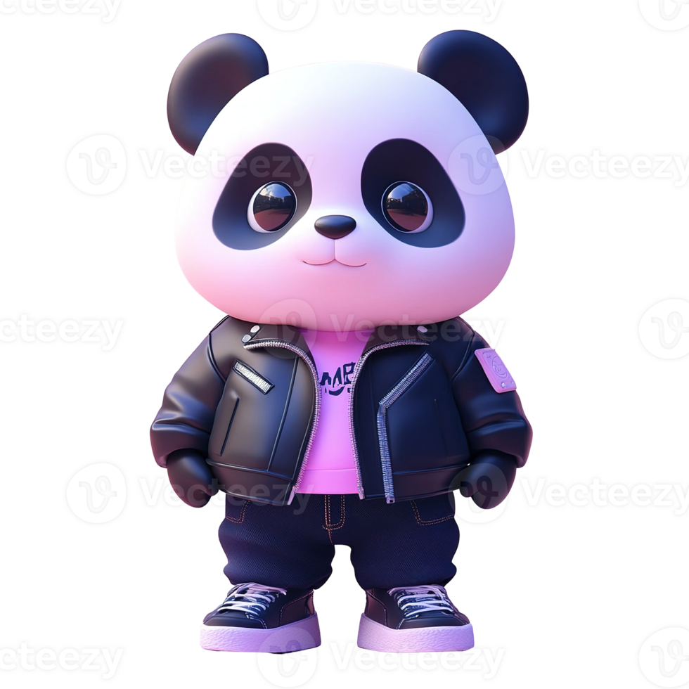 Stylish Panda Wearing Leather Jacket and Jeans Isolated on Transparent Background png