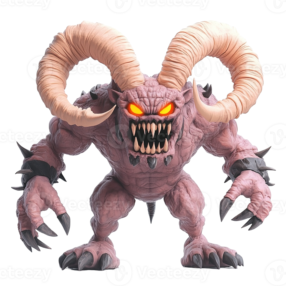 Powerful Pink Demon With Large Horns Stands Tall Isolated on Transparent Background png