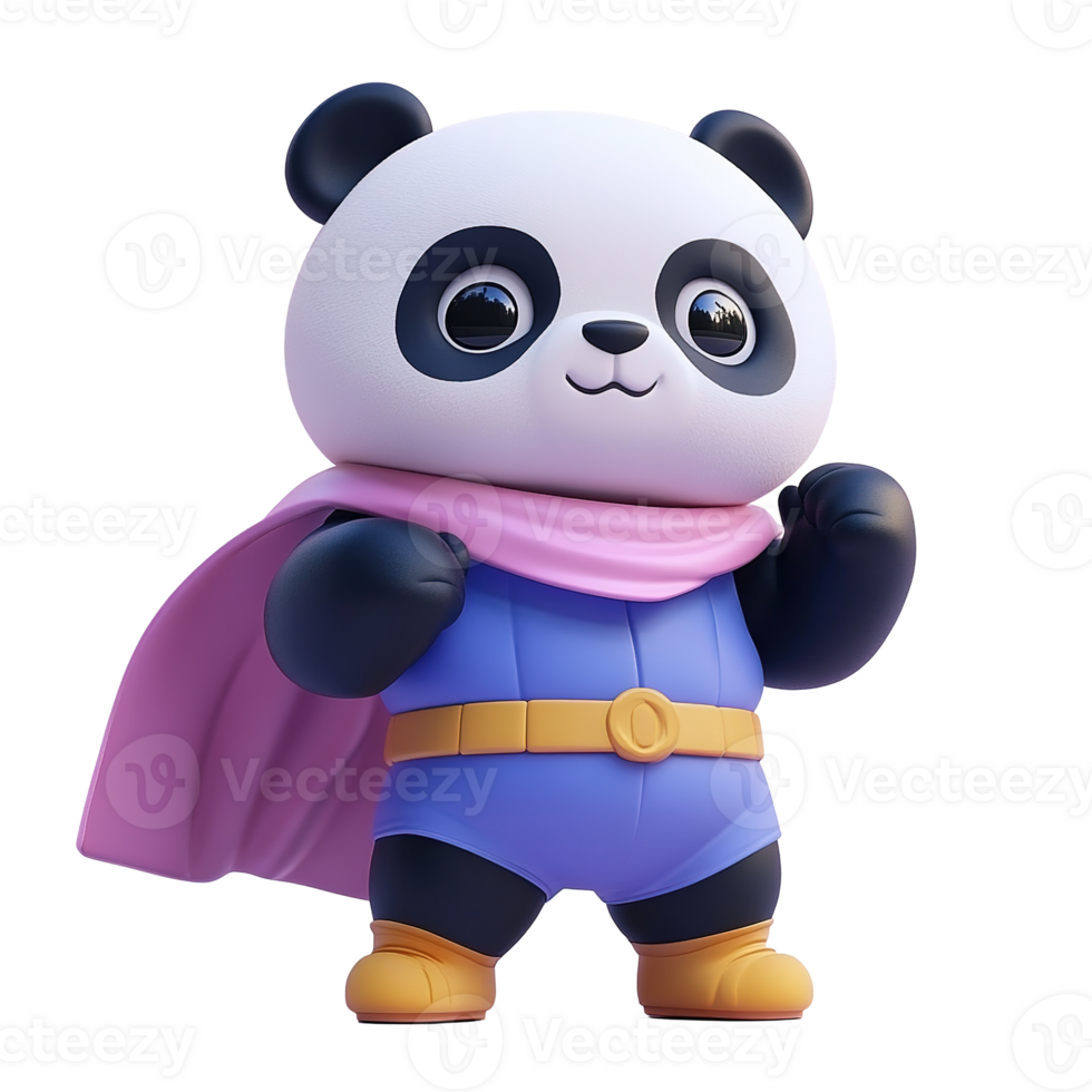 Adorable Panda Superhero in Pink Cape and Blue Suit Isolated on Transparent Background png