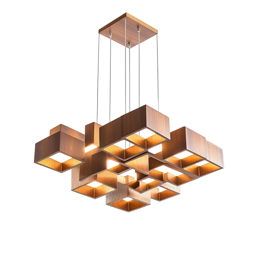 Modern Wooden Geometric Pendant Light Fixture Isolated on Transparent Background png