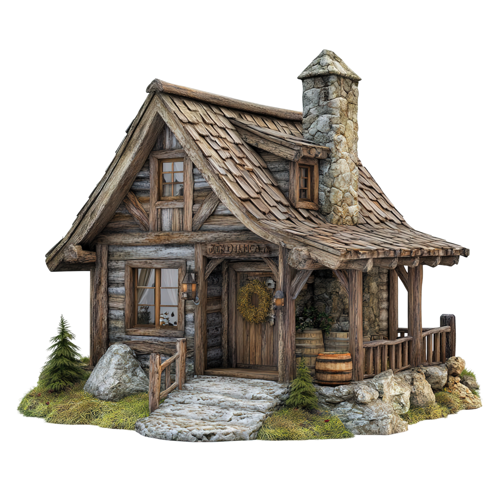 Quaint Wooden Cottage Nestled Amongst Rocks and Trees Isolated on Transparent Background png