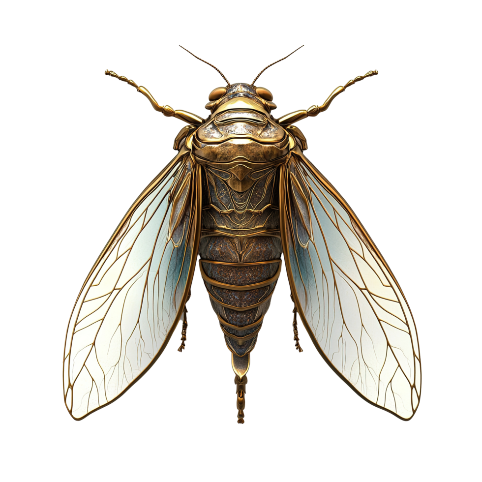 Golden Mechanical Cicada Detailed Artwork Isolated on Transparent Background png