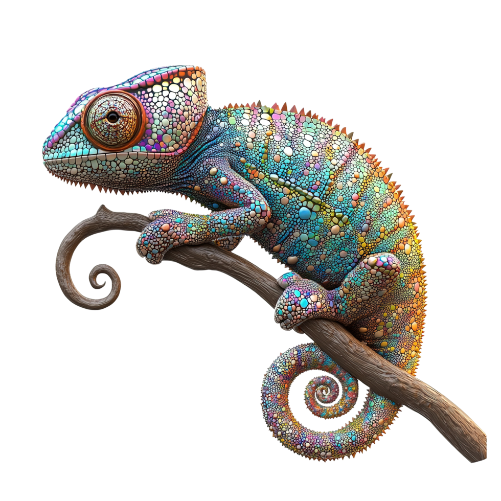 A vibrant chameleon perched on a curved branch, Isolated on Transparent Background png