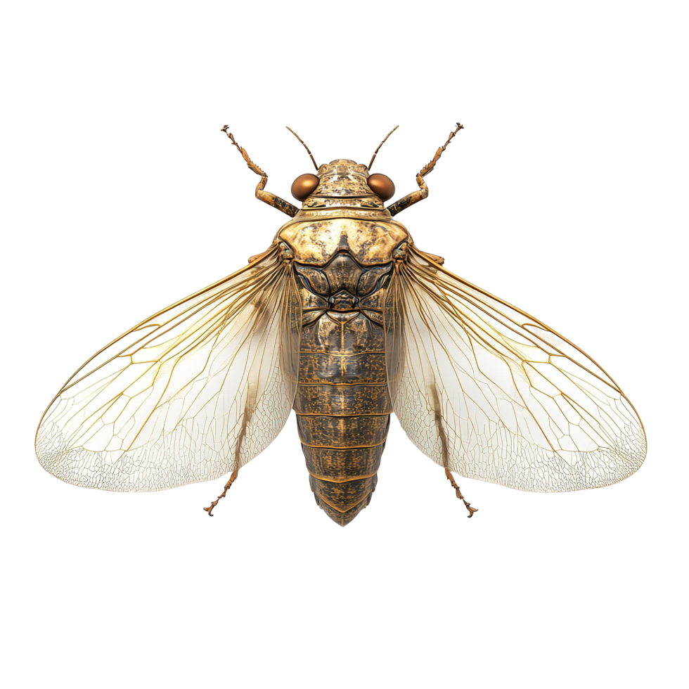 A Detailed View of a Golden Cicada Insect Isolated on Transparent Background png